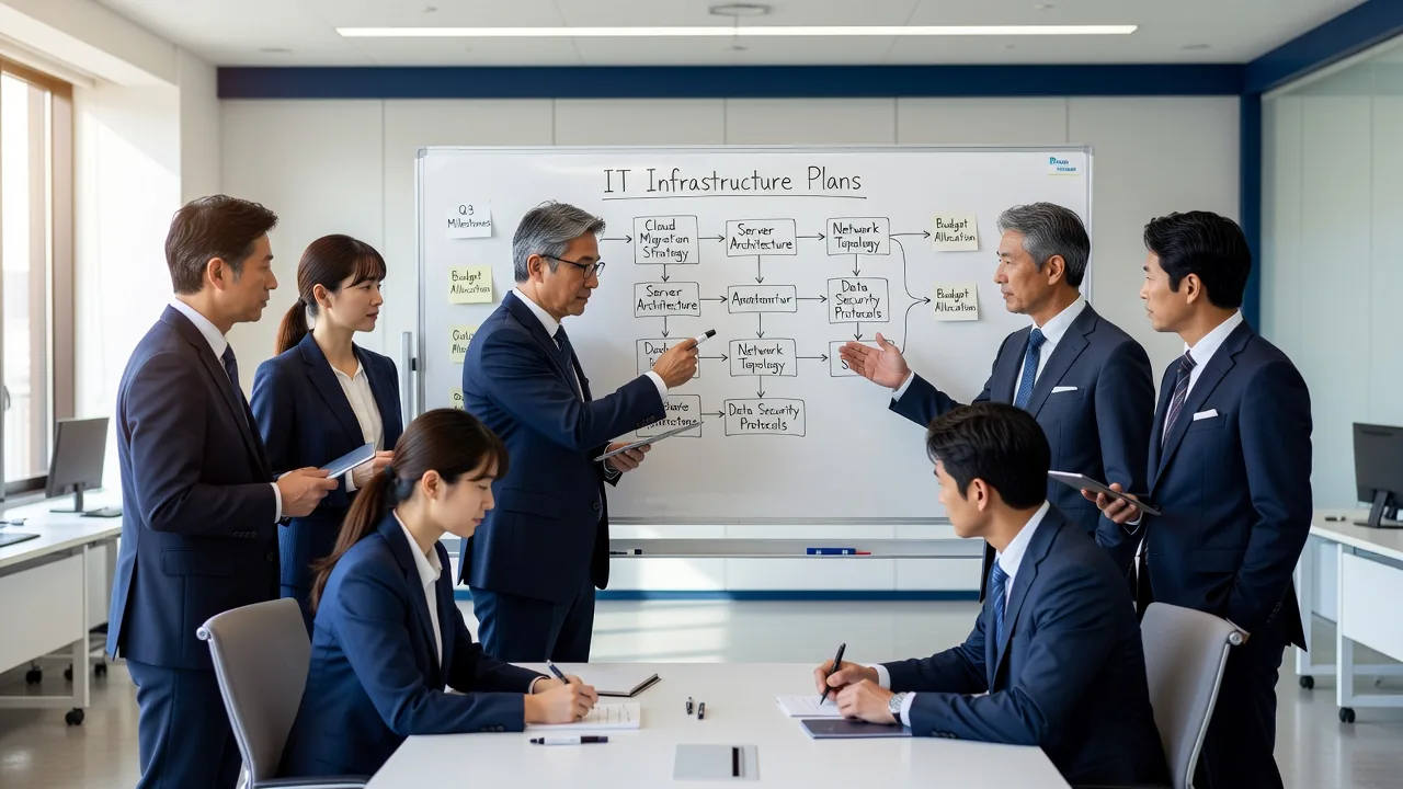 ホワイトボードを使って業務フローを整理するチーム